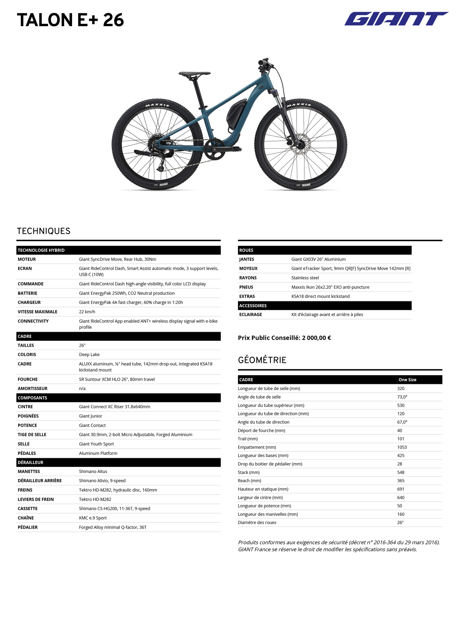 Fiche technique du velo électrique Talon E+ 26 année 2023